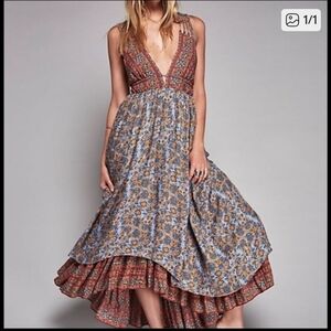 Free People High Low Dress in Blue and Brown Floral